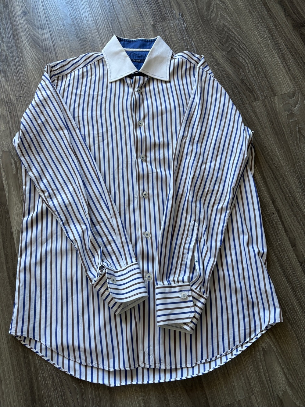 Pal Zileri White Dress Shirt with Blue Stripes and White Contrast Collar